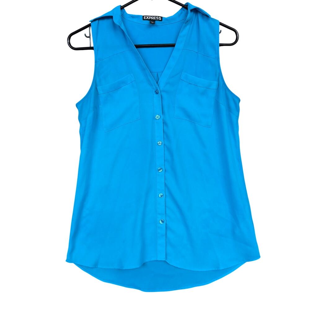 Express Womens Blouse Blue Sheer Collared Sleeveless Button Down Hi Low XS